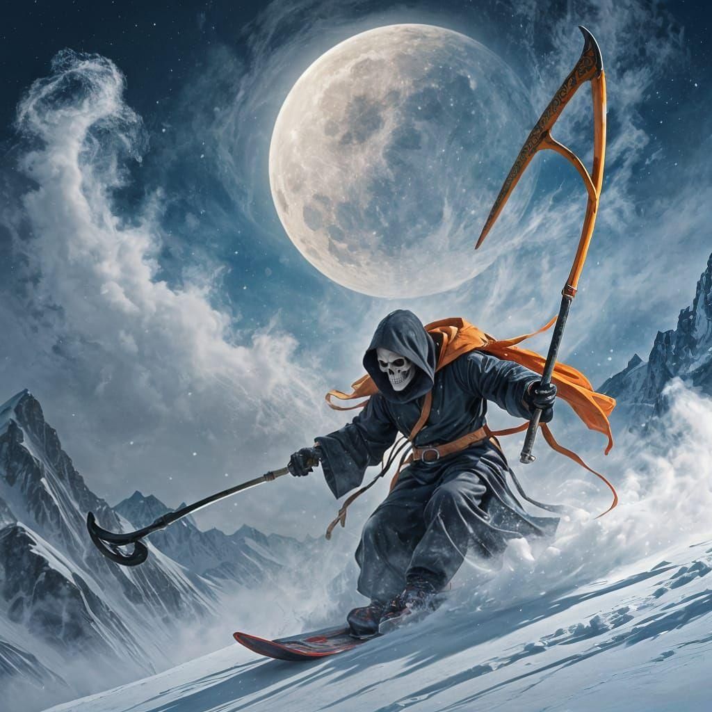 Grim Reaper Shreds Snowy Mountain in Abstract Art