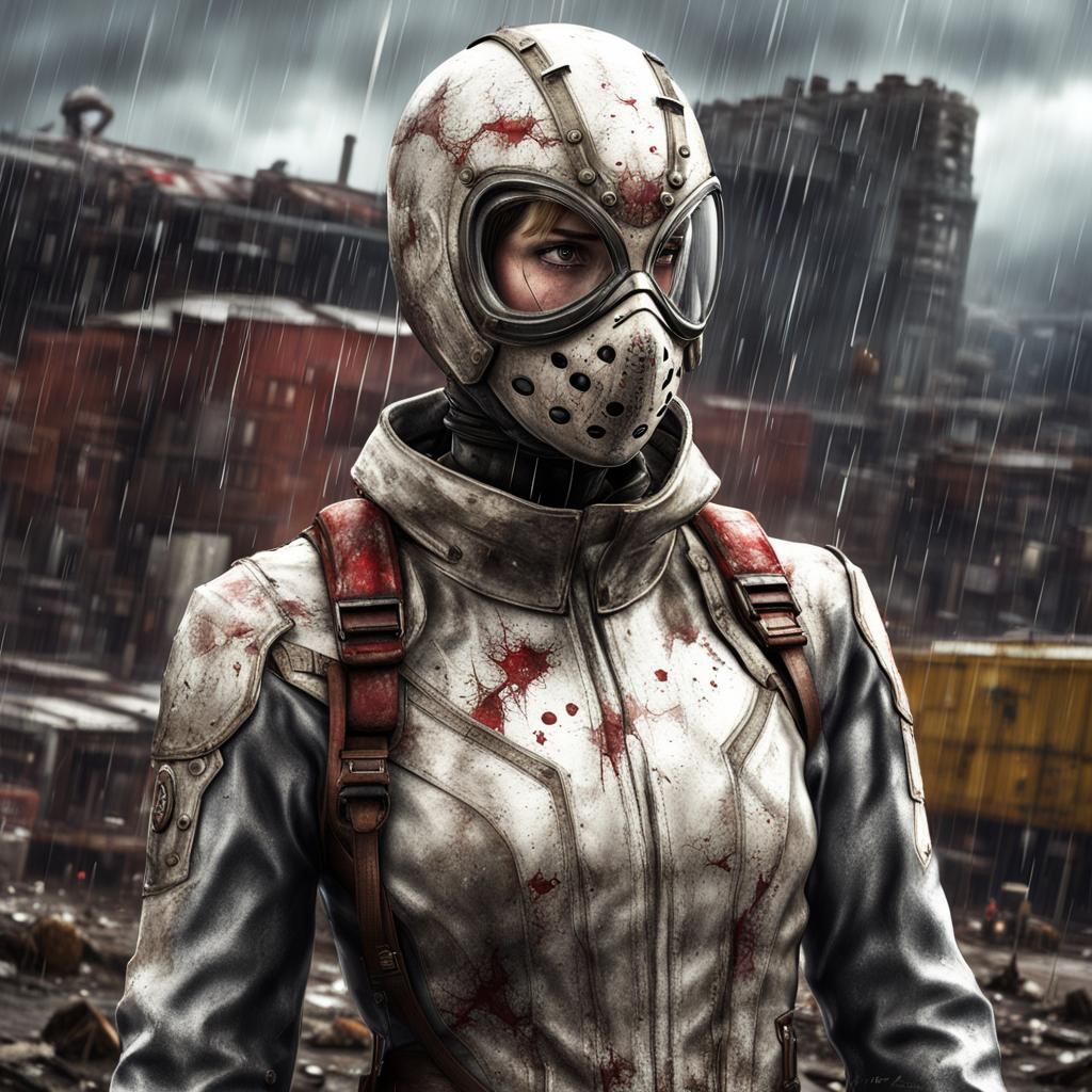 Girl in Military Spider-Man Suit on Rainy Roof