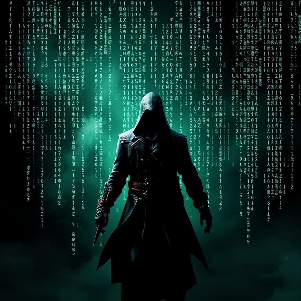 Assassin's Creed Character Amidst Matrix Code