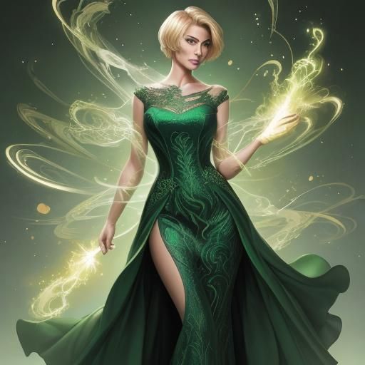 Blonde Woman in Green Gown: Comic Book Art