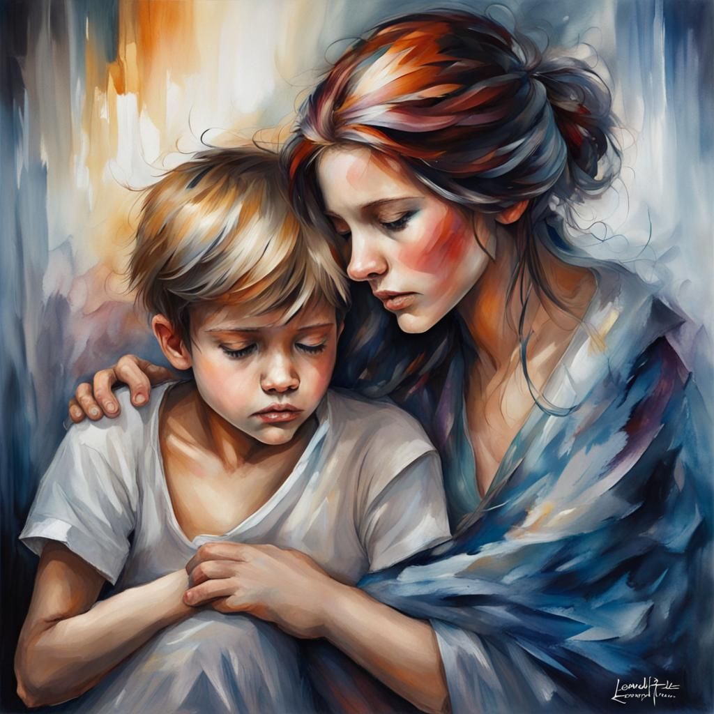 Sad Boy and Sick Mother: Melancholic Ink Drawing