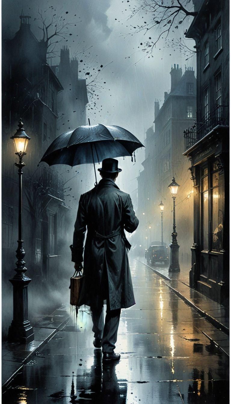 Nocturnal Cityscape in Noir Watercolor Style