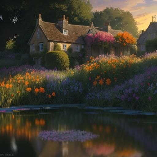 Cotswold Bibury Gardens in Hyperrealistic Neo-Impressionism