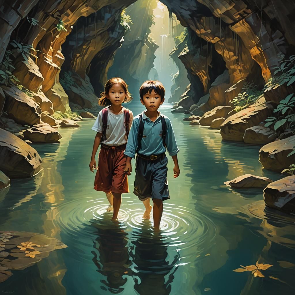 Siblings Explore Luminous Underground River