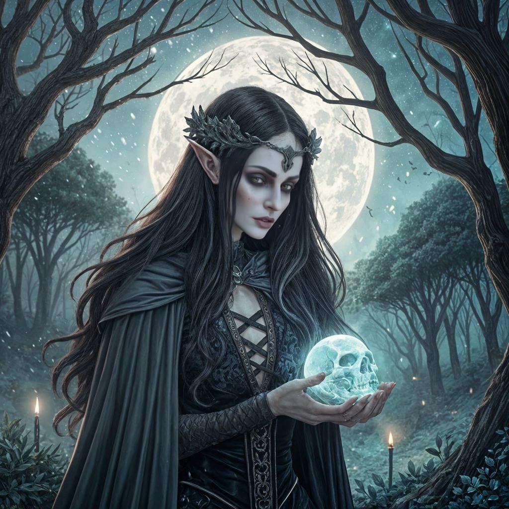 Medieval themed, female elf, goth, long black hair, holding ...