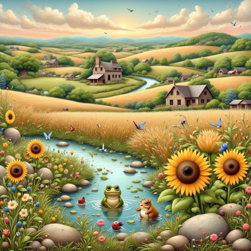 Frog, Mice, and Ladybug in Rural Pond