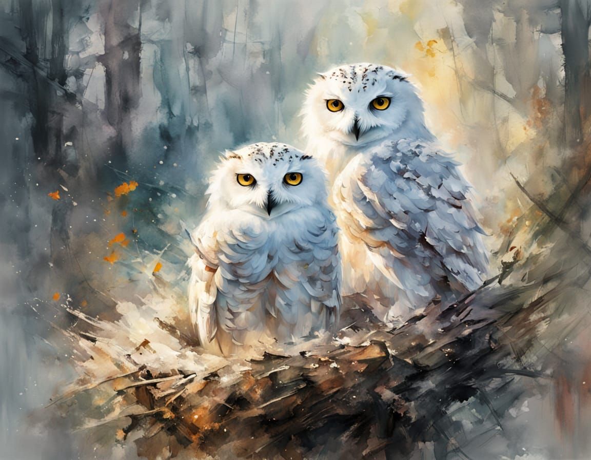 Baby Snow Owls in Nest, Watercolour Art