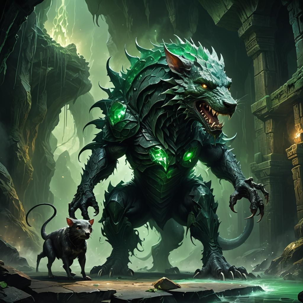 Menacing Emerald Scaled Dog-Rat Hybrid in Dark Cavern