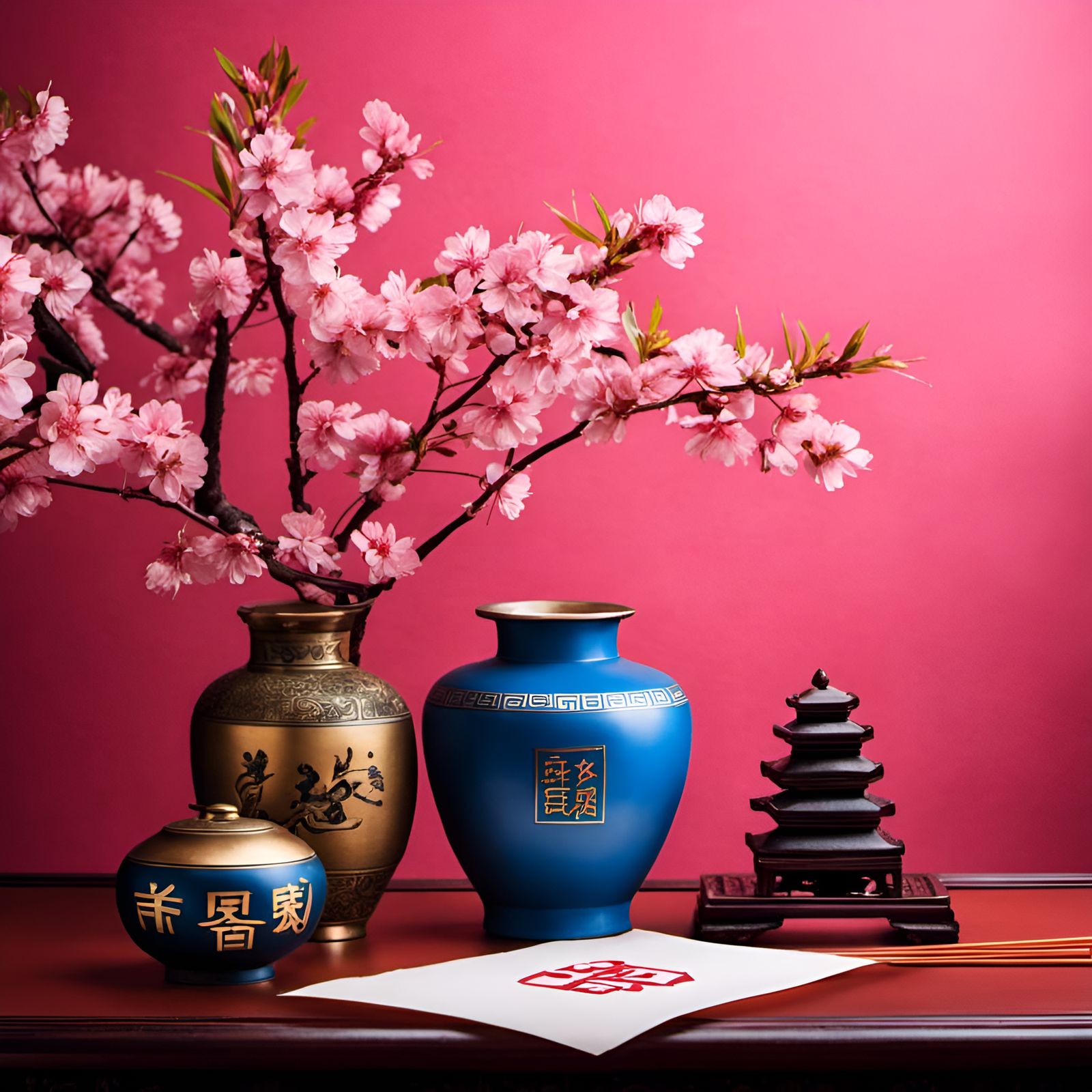 Still Life with Chinese Artifacts and Sakura