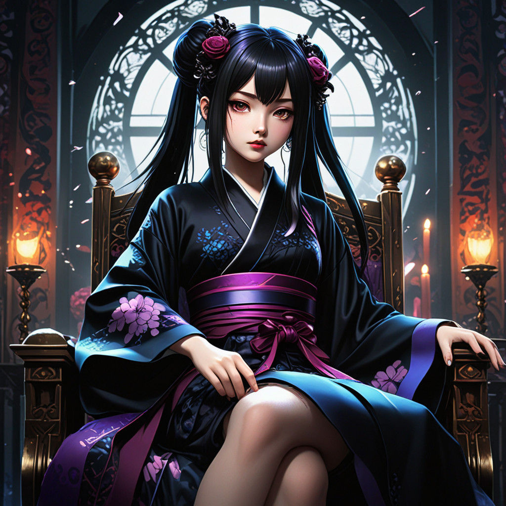 Gothic Princess in Elegant Black Kimono with Dark Geisha Mak...