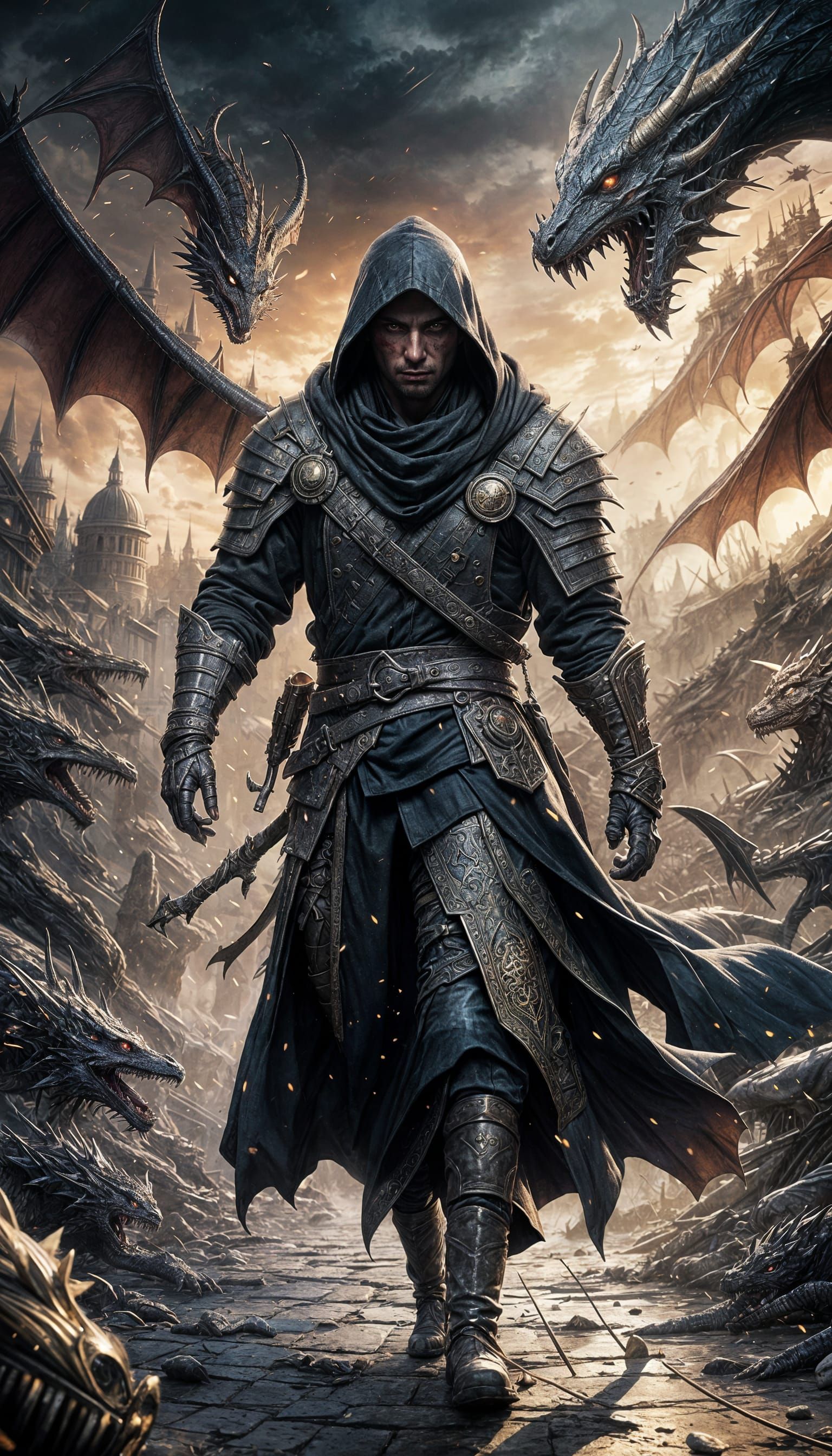 Dragon and Hooded Figure on Battlefield, Dark Fantasy Art