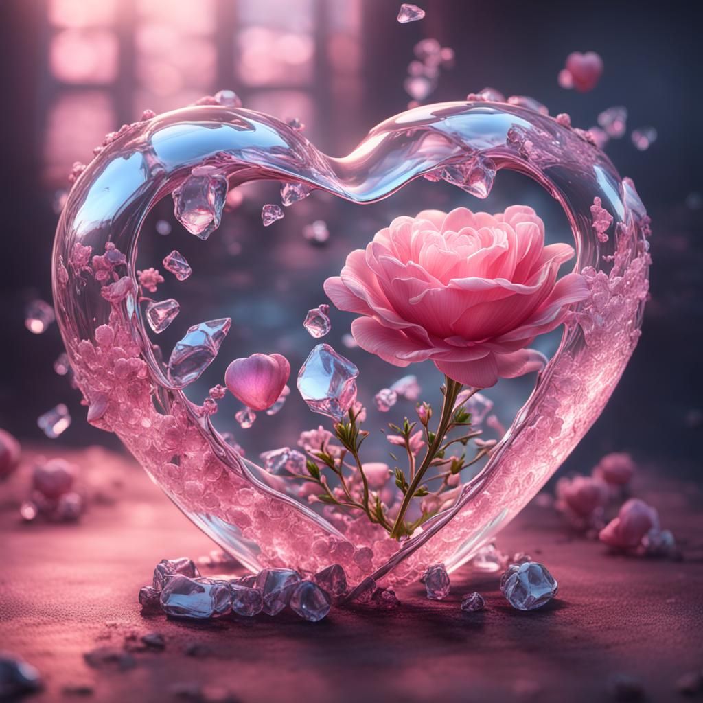 Glass Heart with Flower in Detailed Matte Painting