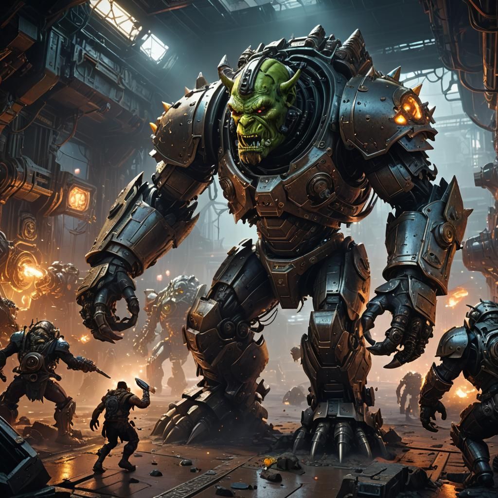 Orc and Goblin Battle in Dystopian Mech World