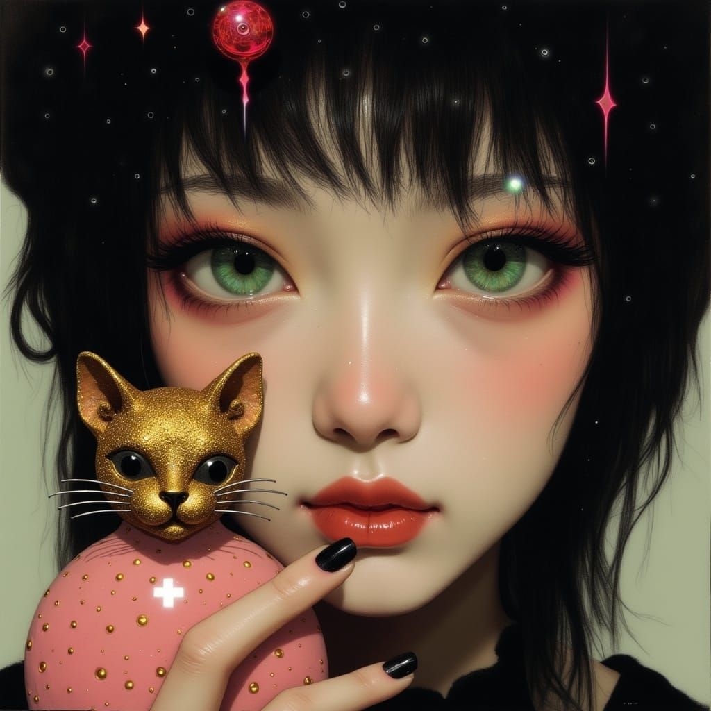 Anime-Inspired Portrait of a Young Woman with a Golden Perfu...