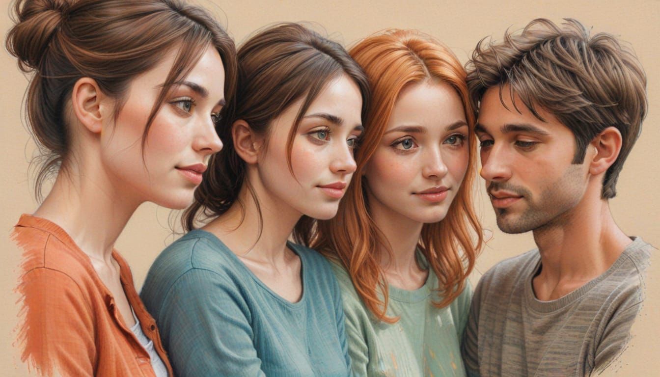 Friends Comforting a Quiet Person: Colored Pencil Sketch