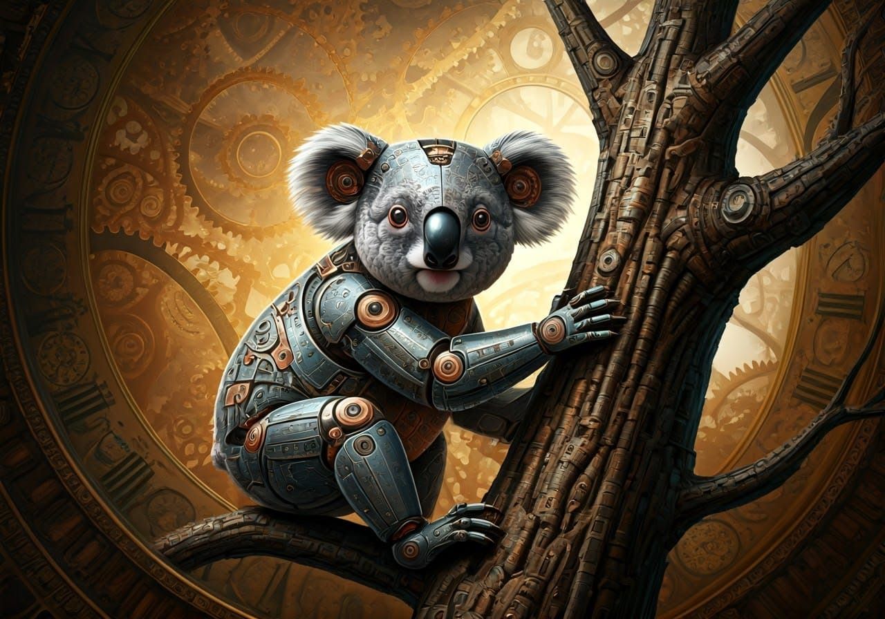Steampunk Koala Robot Climbing Clockwork Tree