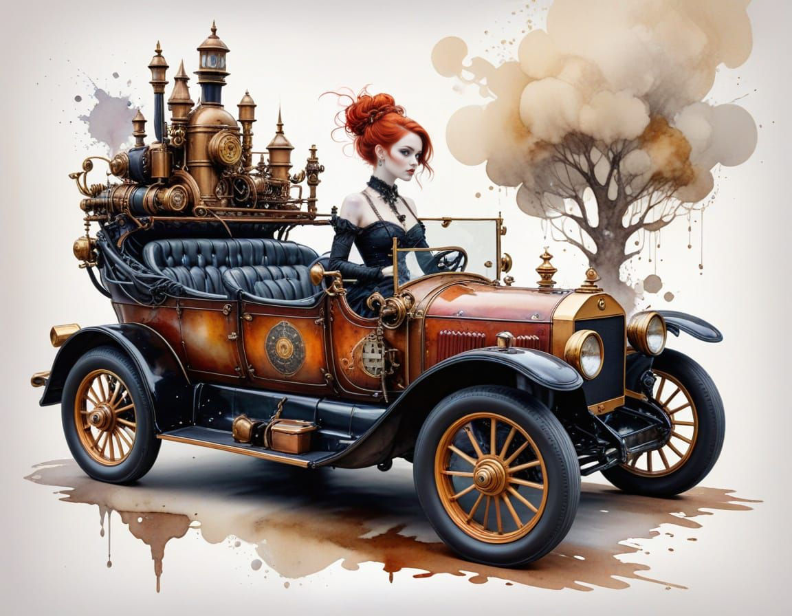 Charming Steampunk Convertible in Whimsical Victorian Waterc...