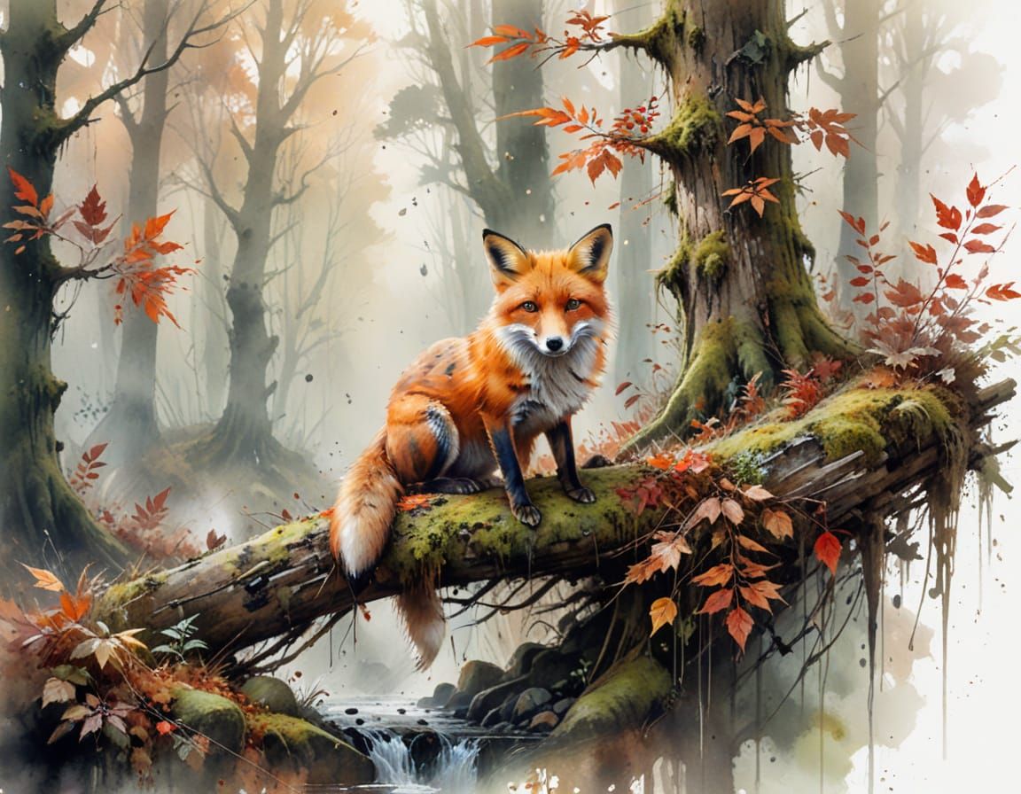 Red Fox on Mossy Log in Misty Forest, Autumn Leaves Swirling