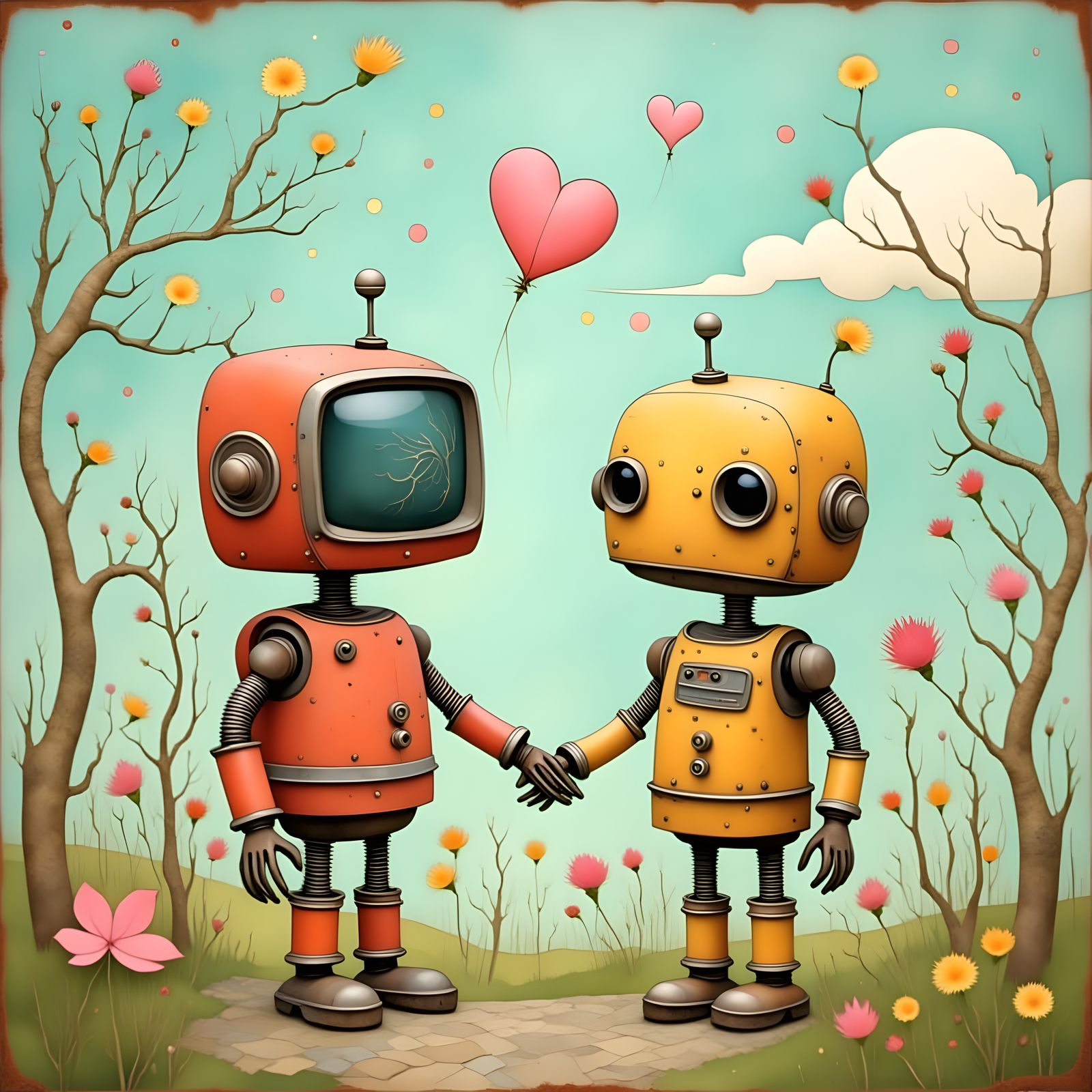 Love Amidst Whimsical Machines in Vibrant Floral Wonderland