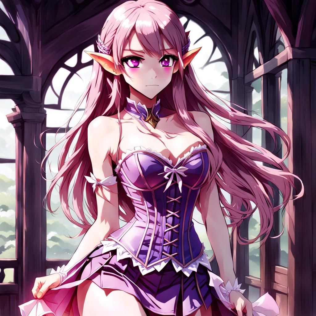 Anime Elf Girl with Purple Hair and Pink Dress