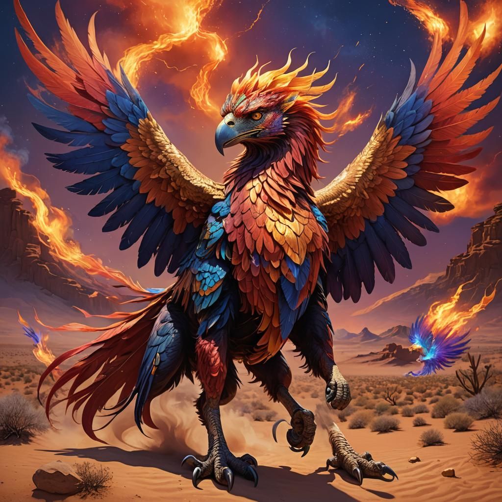 Griffin-Phoenix Hybrid Roams a Fiery Desert