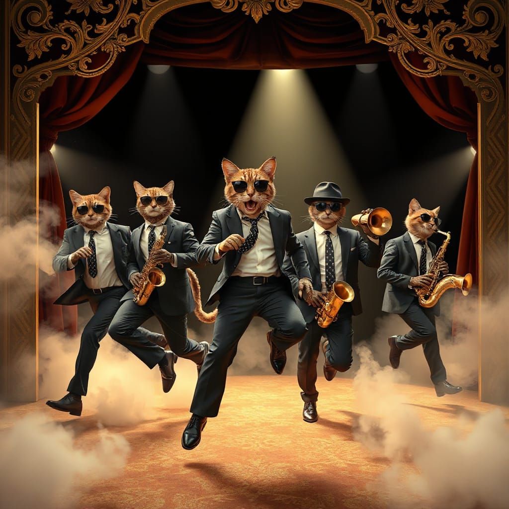 Jazz Cats in Tails, Strutting their Stuff on a Gilded Stage
