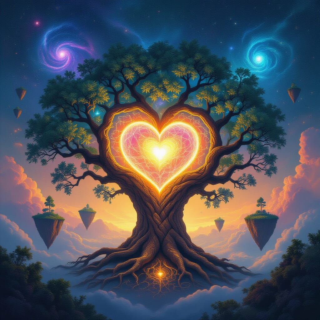 Cosmic Tree with Heart Fruit in Spiritual Art Style
