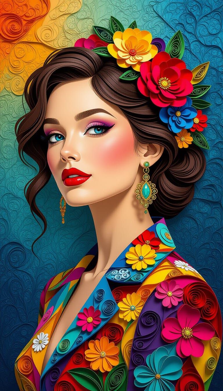 Vibrant Paper Quilling Portrait with Dramatic Lighting