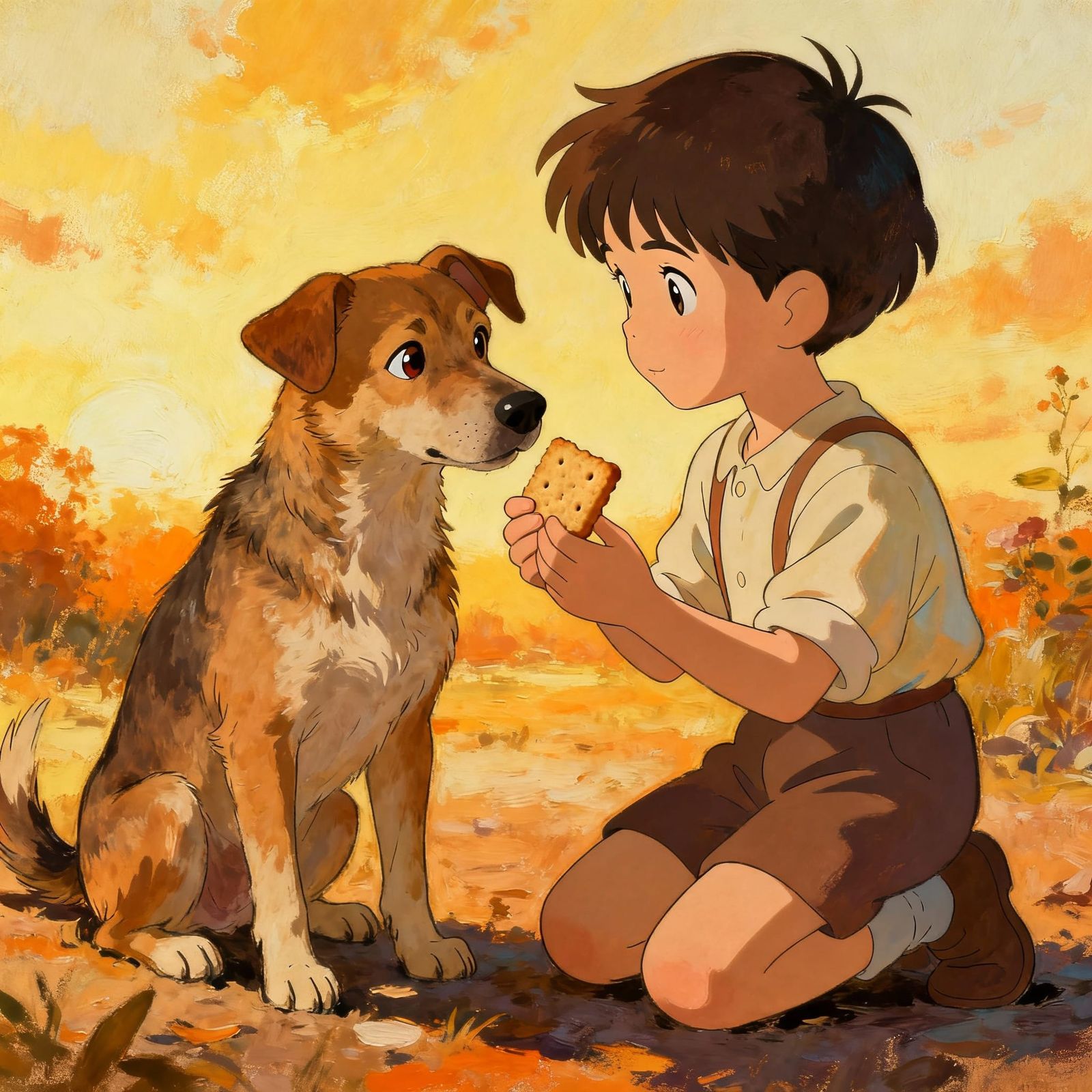 Child Shares Biscuit With Stray Dog in Golden Hour Light