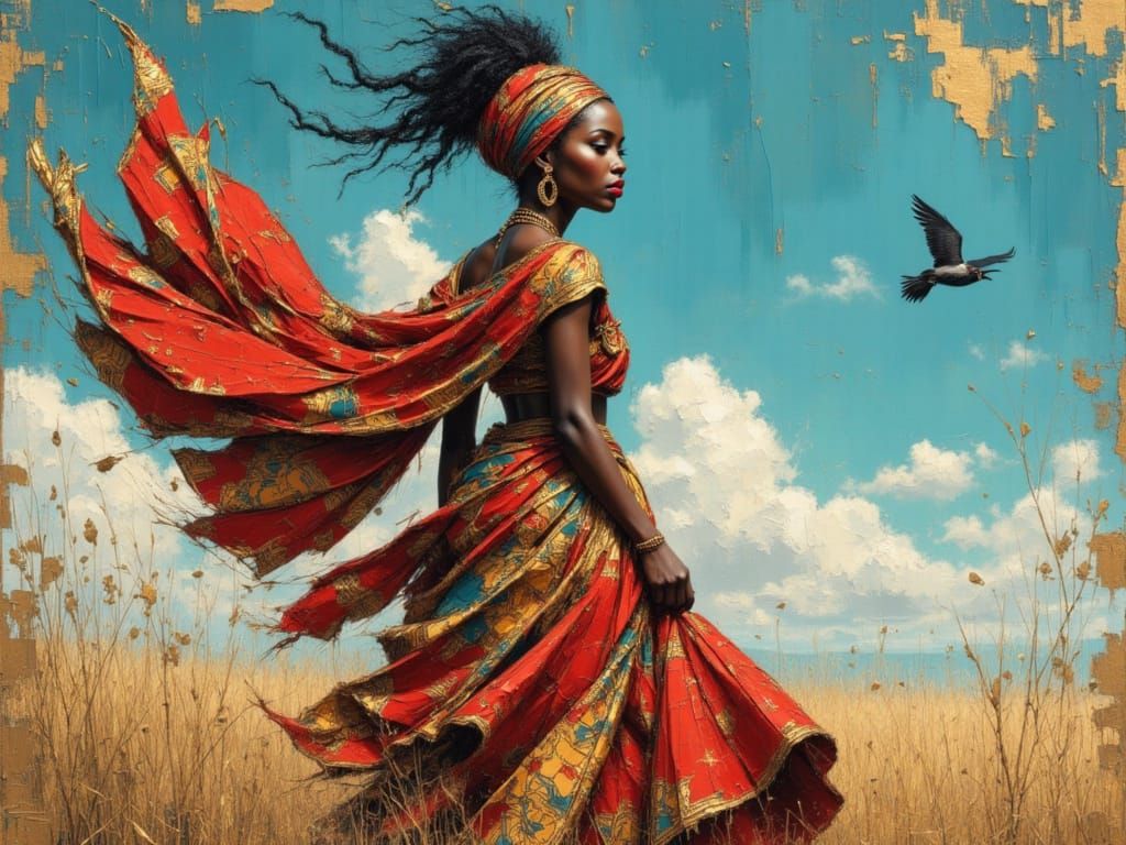 African Woman in Flowing Dashiki on Windy Day