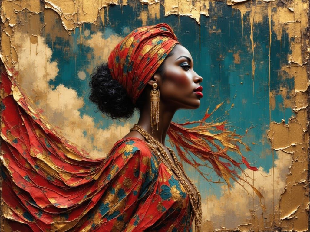 African Woman Portrait in Flowing Dashiki and Fractal Patter...