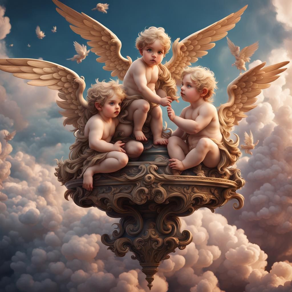 Mini cherubs among the clouds detailed matte painting, deep color, fantastical, intricate detail, splash screen, complem...