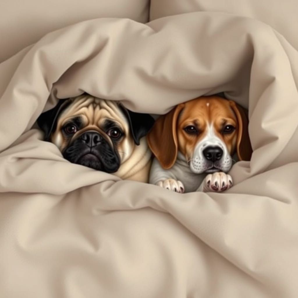 Two Adorable Dogs Snuggled in Bed