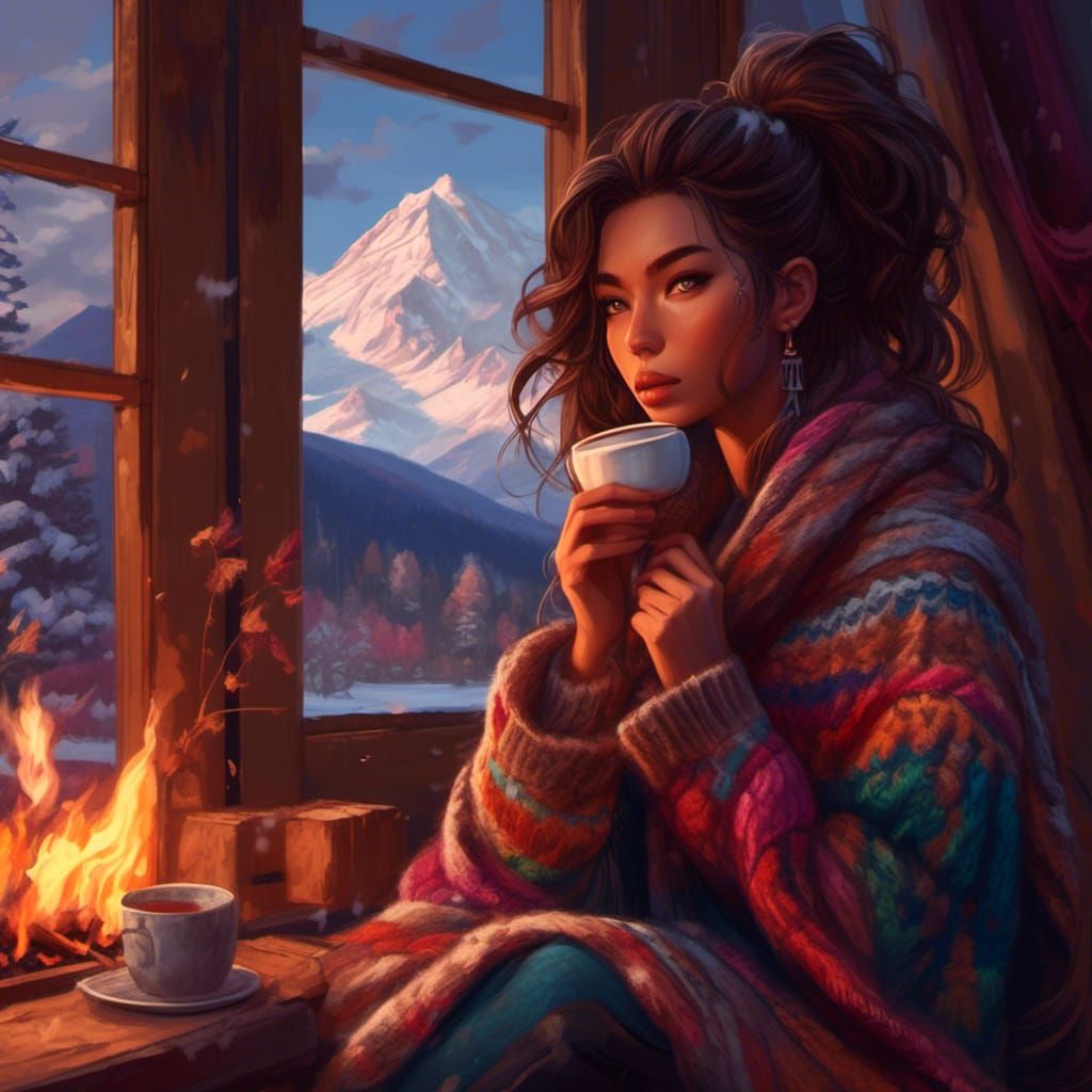 Cozy Fireplace View with Coffee: Detailed Portrait