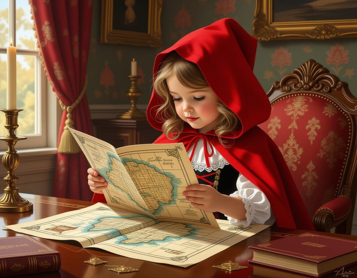 Little Red Riding Hood with Map in Fantasy Style