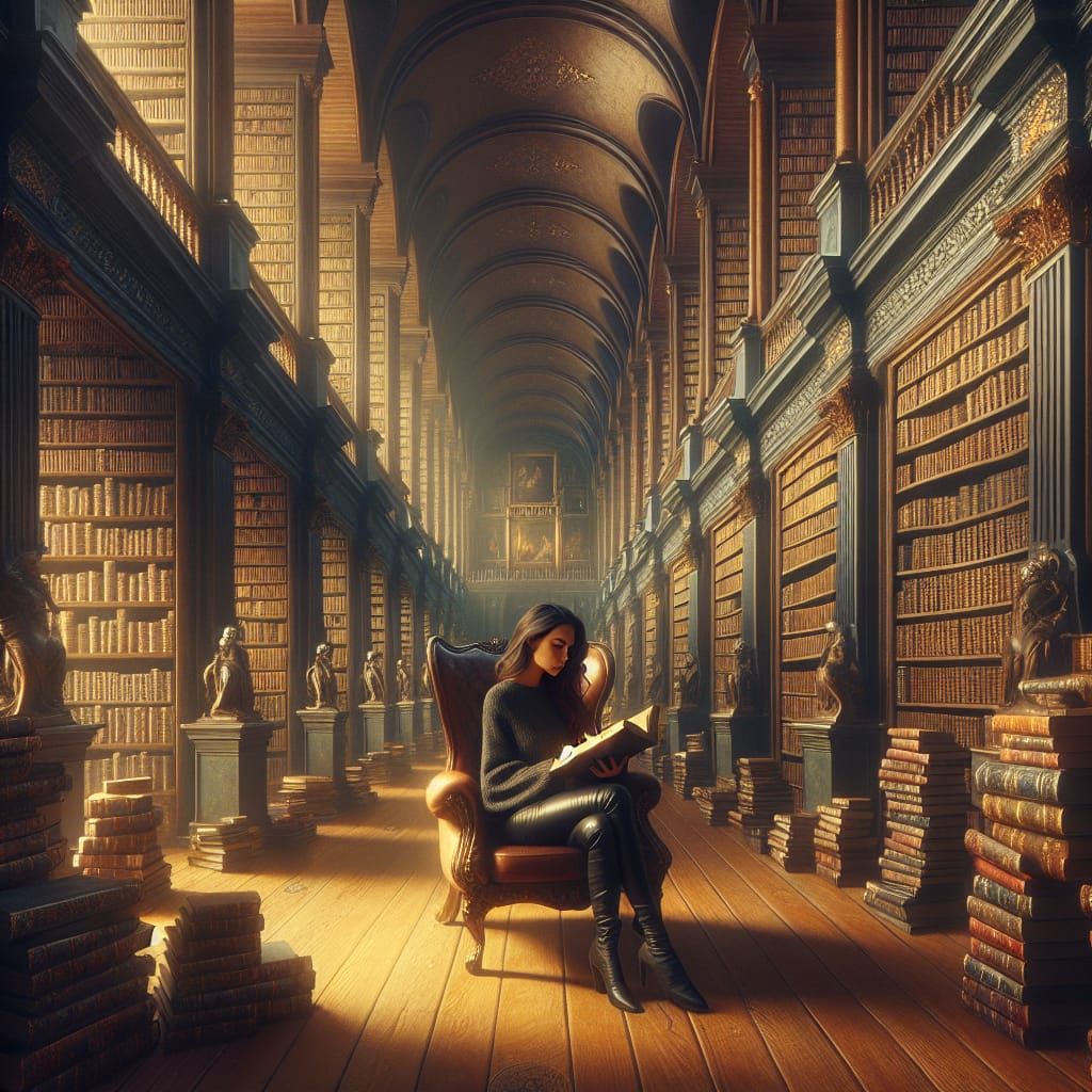 Renaissance Library: Woman Reading a Leather Book