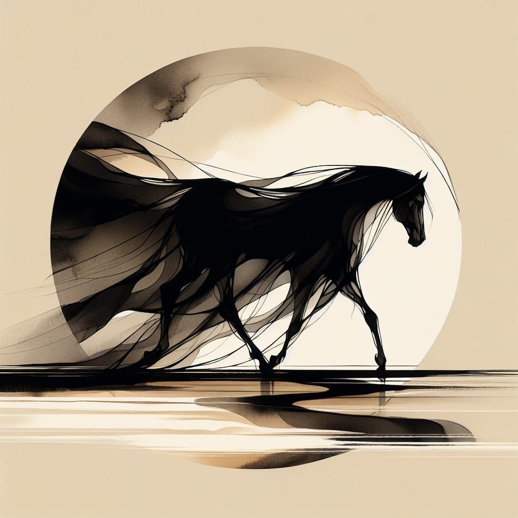 Ethereal Black Horse Ink Sketch on Golden Beach
