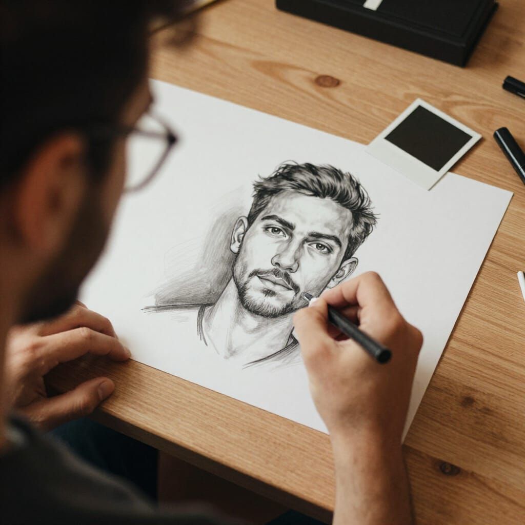 Artist Draws Graphite Portrait During Golden Hour