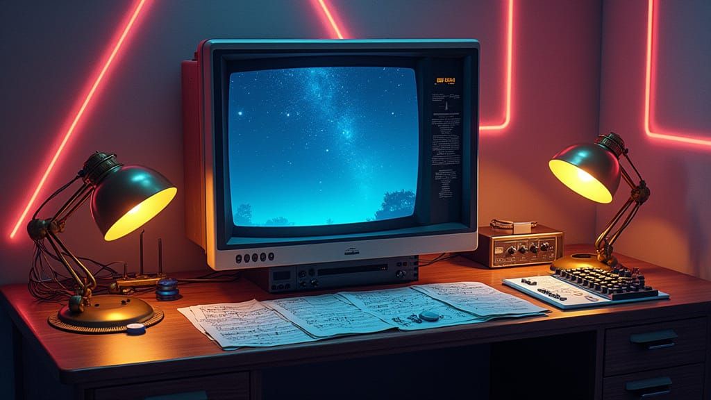 Retro-Futuristic Console Desk in Neon-Lit, Psychedelic Patte...