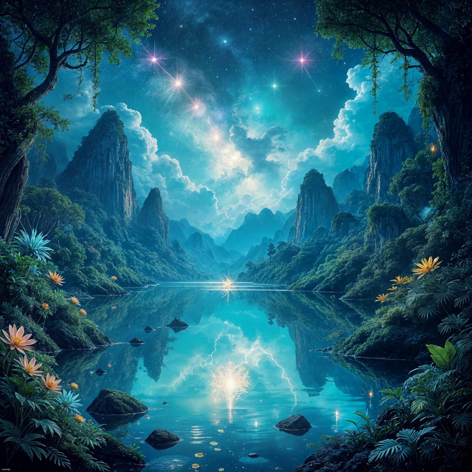 Bioluminescent Jungle With Nebula Lake, Surreal Fantasy Art