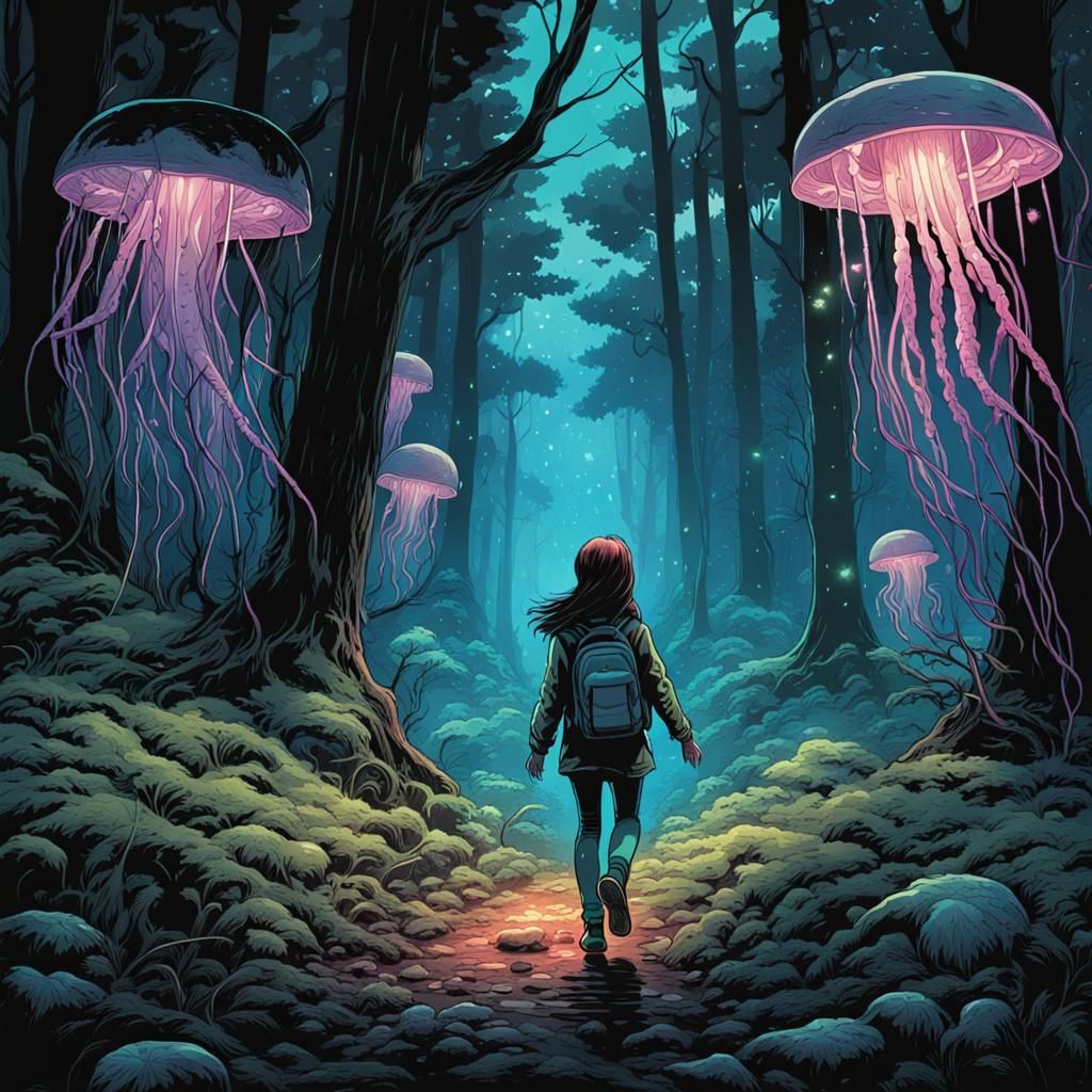 Girl Surrounded by Glowing Neon Jellyfish in Dark Forest