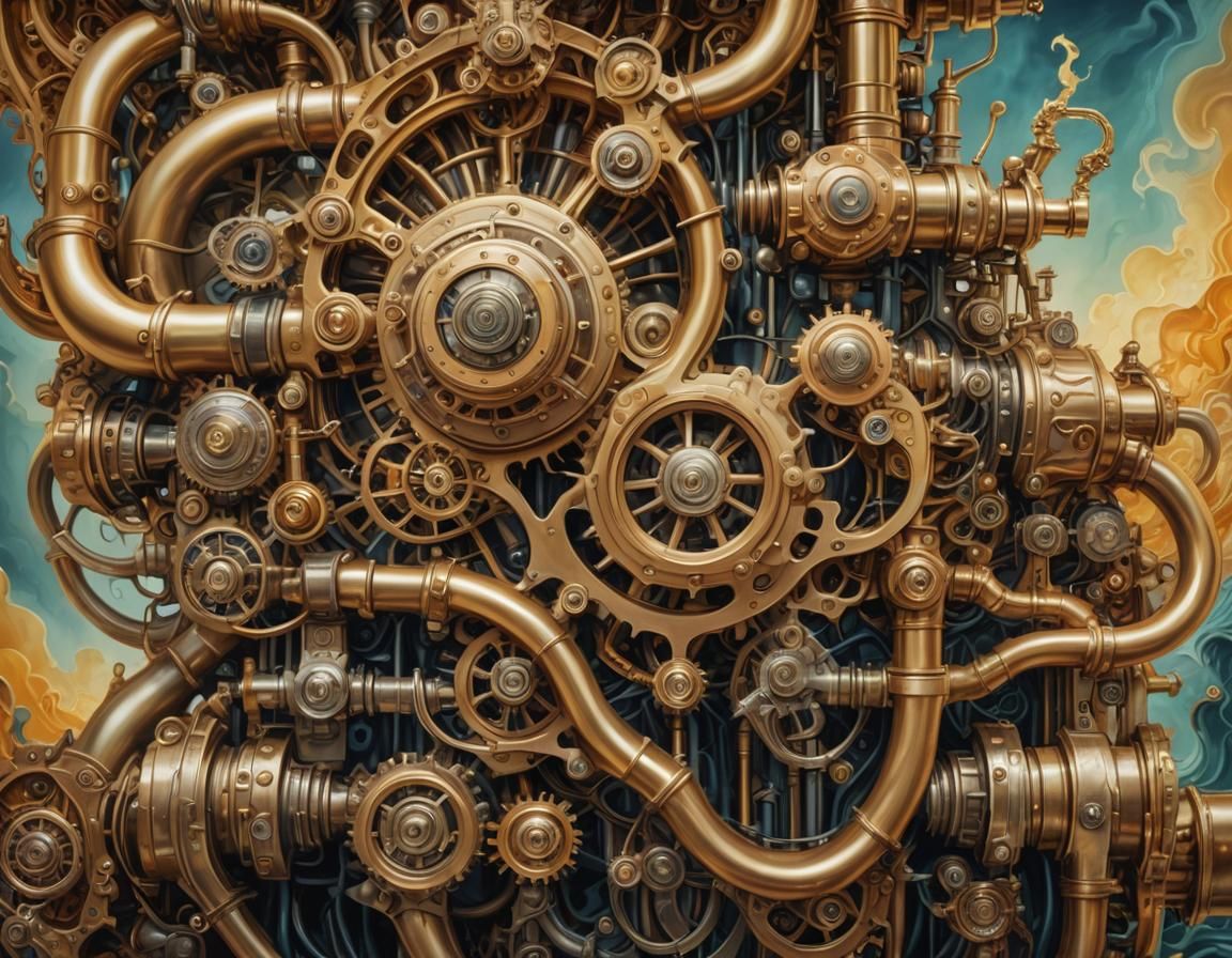 Surreal Steampunk Engine Dreamscape in Oil Painting Style