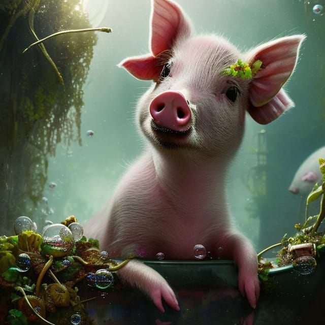 Happy Piglet's Bubble Bath: Detailed Fantasy Art