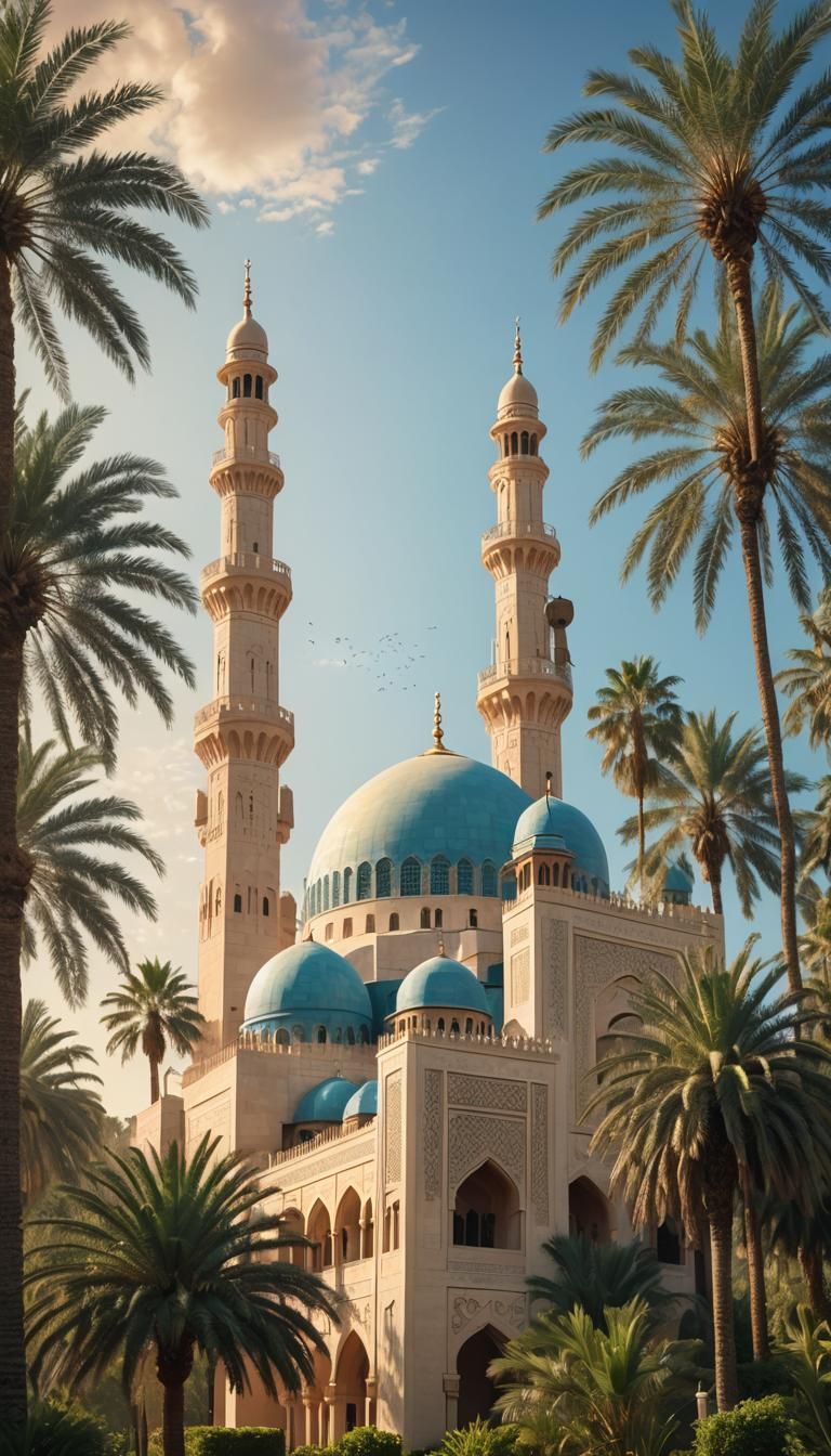 Majestic Mosque in Golden Light: Digital Art