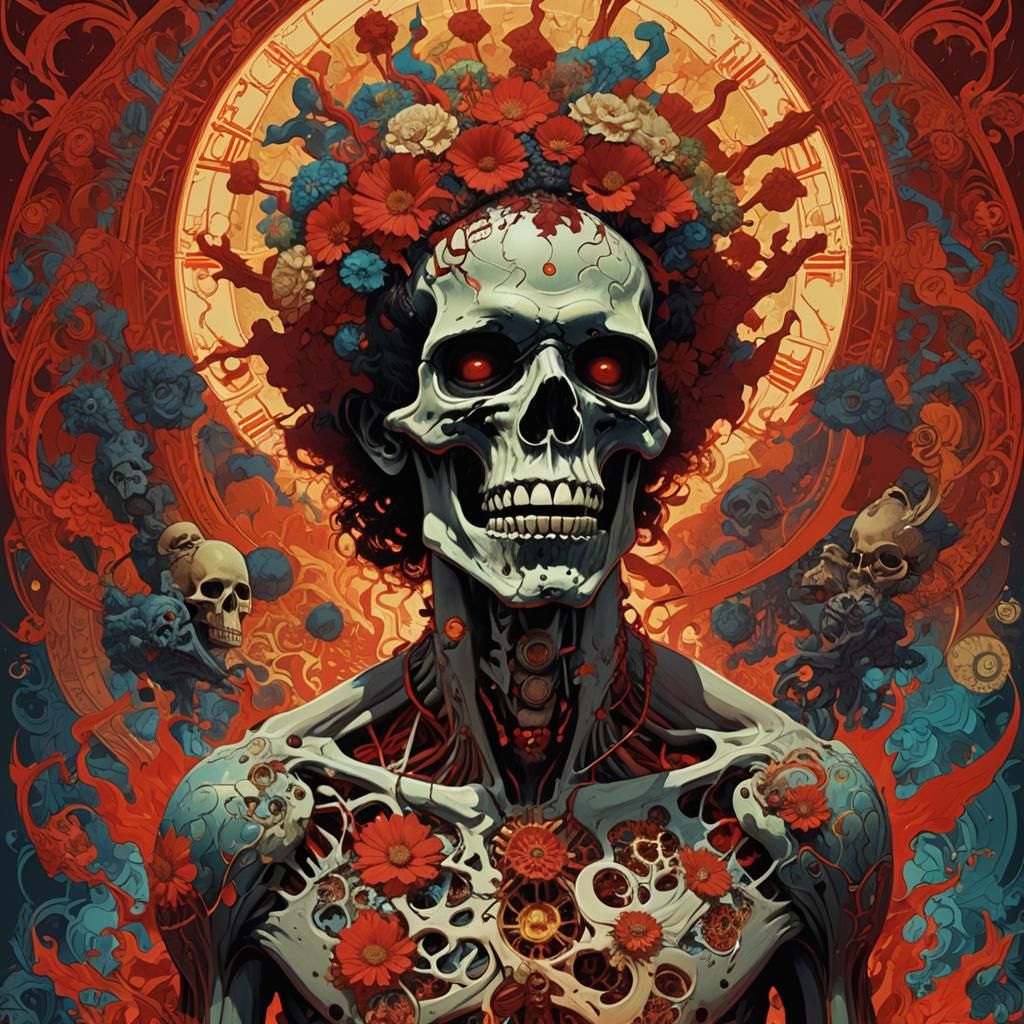 Psychedelic Skull Figure with Red Explosion Background