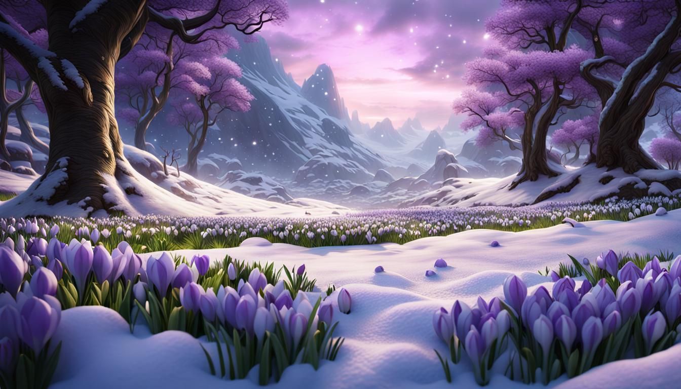 Snowdrop Flowers and Crocus in Winter: Fantasy Art