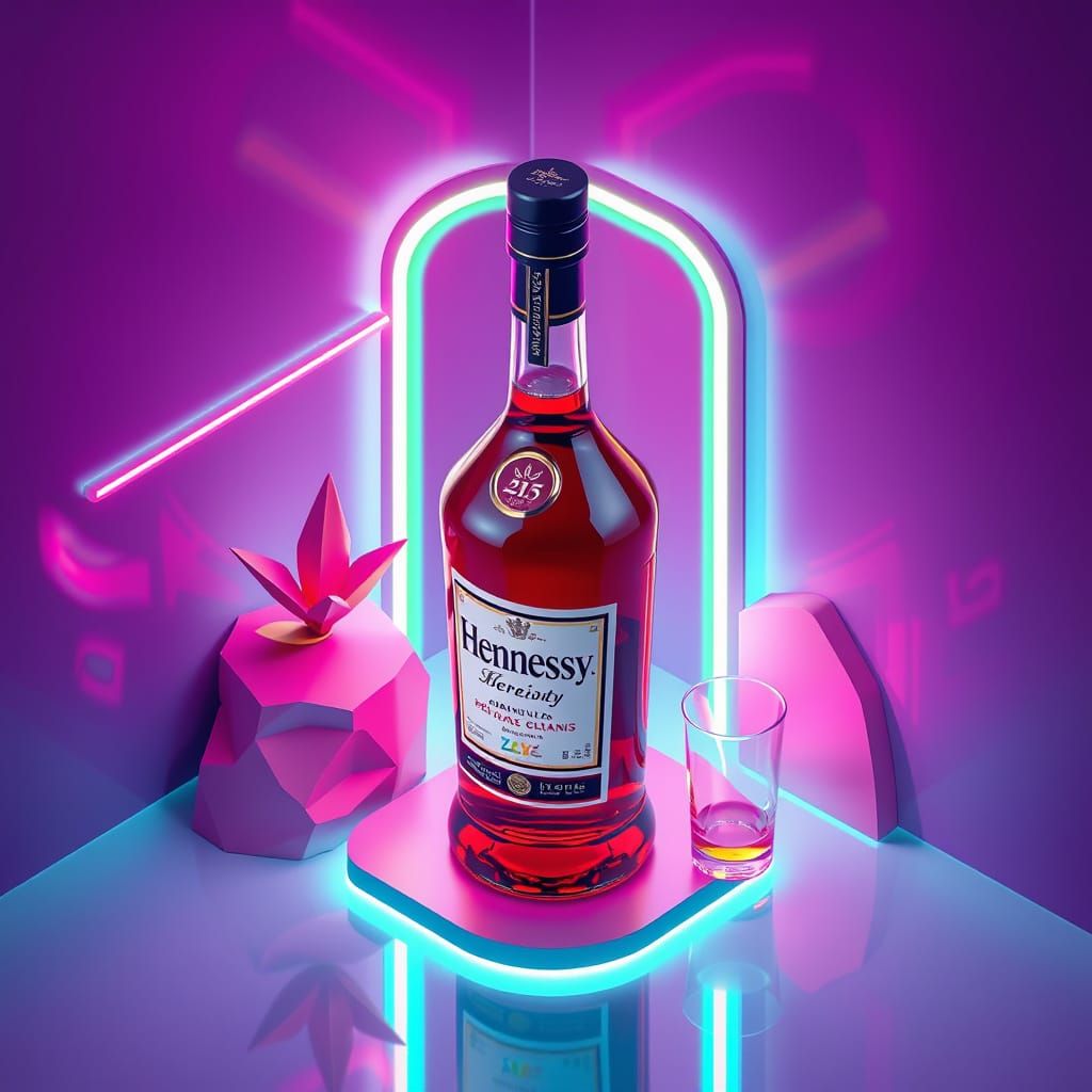 Sleek Hennessy Bottle Ad in Neon Futuristic Style