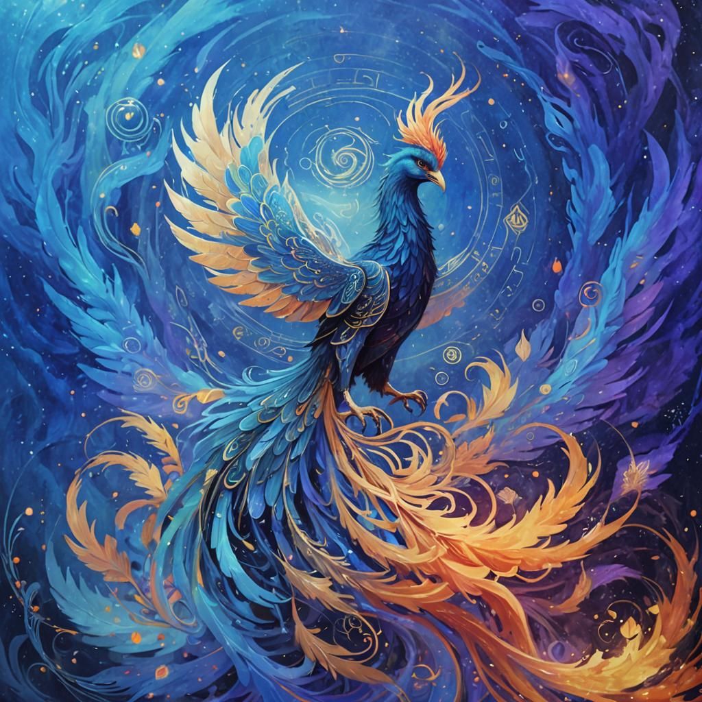 Phoenix Surrounded by Symbols in Oil Painting Style