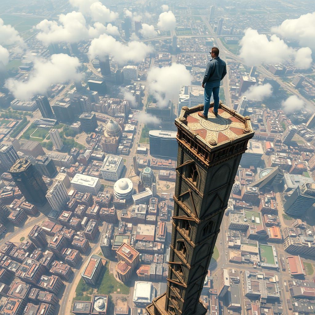 Man on Edge of Tower Looks Down into the Abyss
