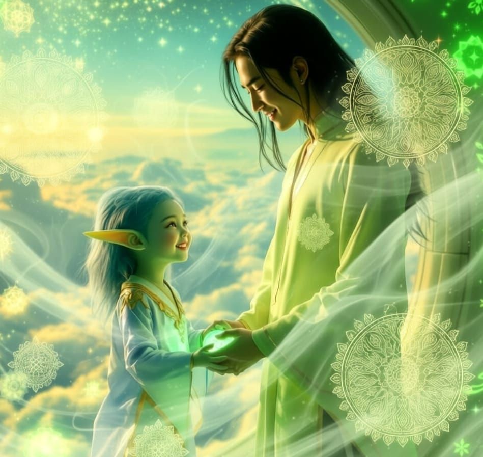 Ethereal Green-Gold Filigree Mandalas Floating in Mist